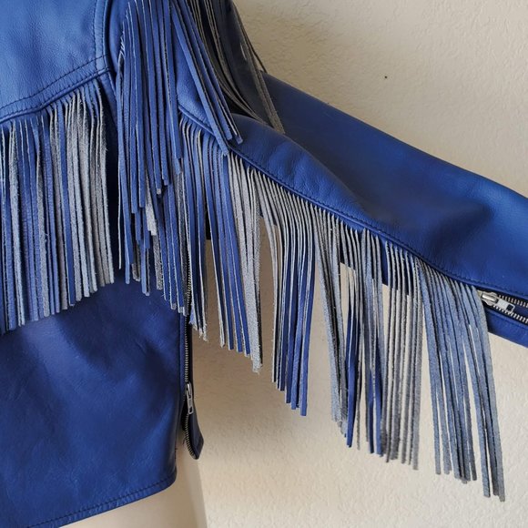 Leather Fringe Jacket Handmade Urban Cowboy Biker Lace Front - Picture 8 of 10